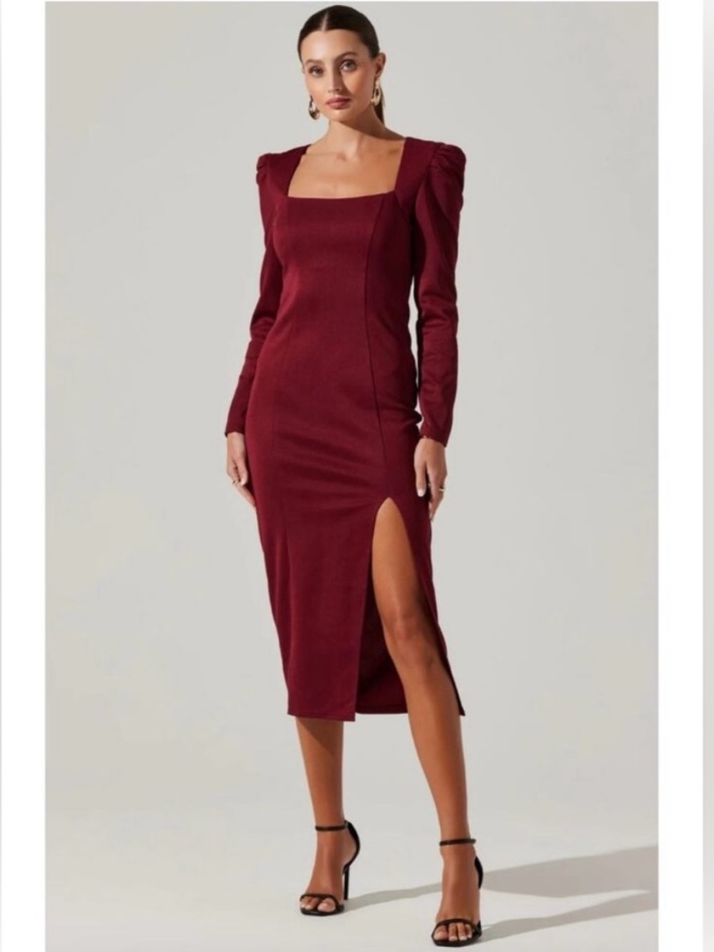 ASTR The Label Burgundy Square Neck Open Back Midi Dress Slit Size M